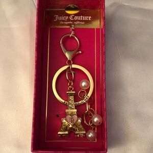 Juicy Couture Gold Tone & Pink JC Eiffel Tower Bag Charm Faux Pearl Accents NIB